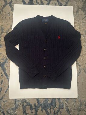 Polo by Ralph Lauren Navy Cable-Knit Cardigan with Red Pony
